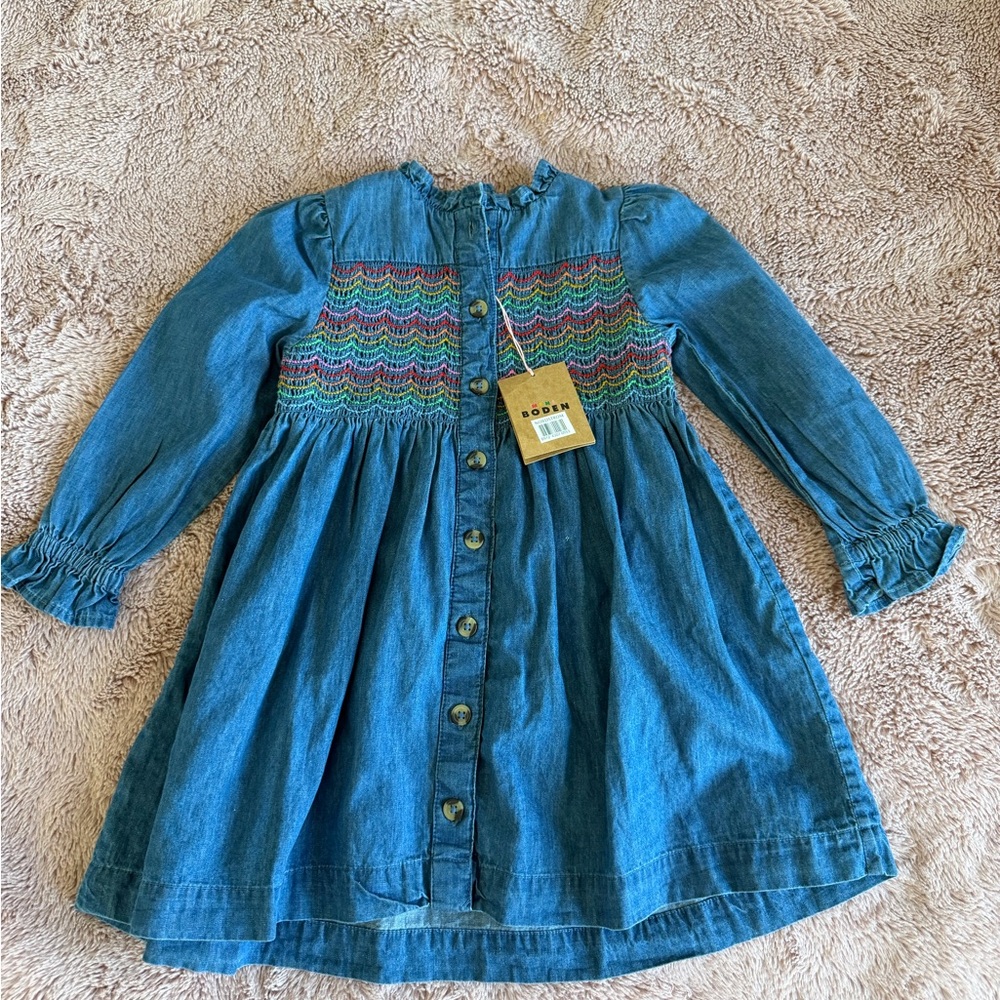Mini Boden Blue Denim Dress with Rainbow Smocking